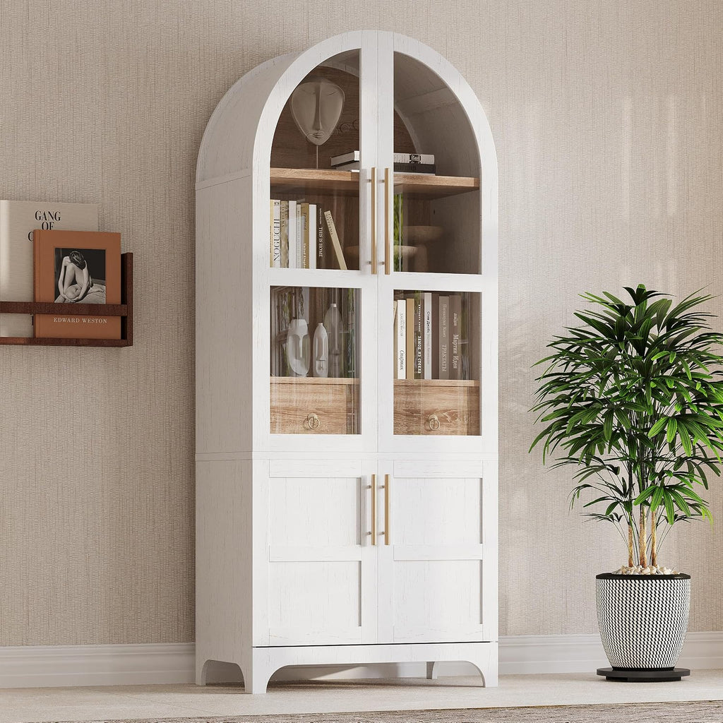 KLMM 71" Tall Arched Kitchen Pantry with Door Shelves,Storage Cabinets with Open & Adjustable Shelves,Hidden Drawer & Glass Door,for Kitchens Dining Room (White#Glass)
