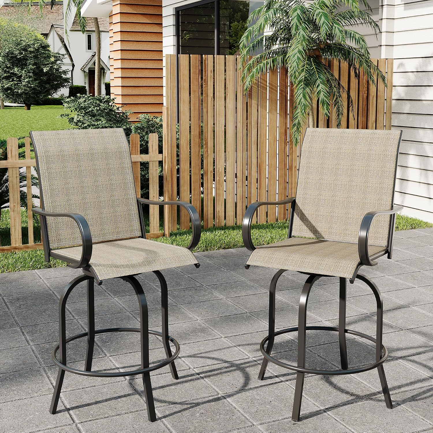 Outdoor Swivel Bar Stools Set of 2, Bar Height Patio Chairs with High Back & Armrest, All-Weather Textilene Fabric 360° Swivel Tall Barstools for Patio, Deck, Backyard, Garden