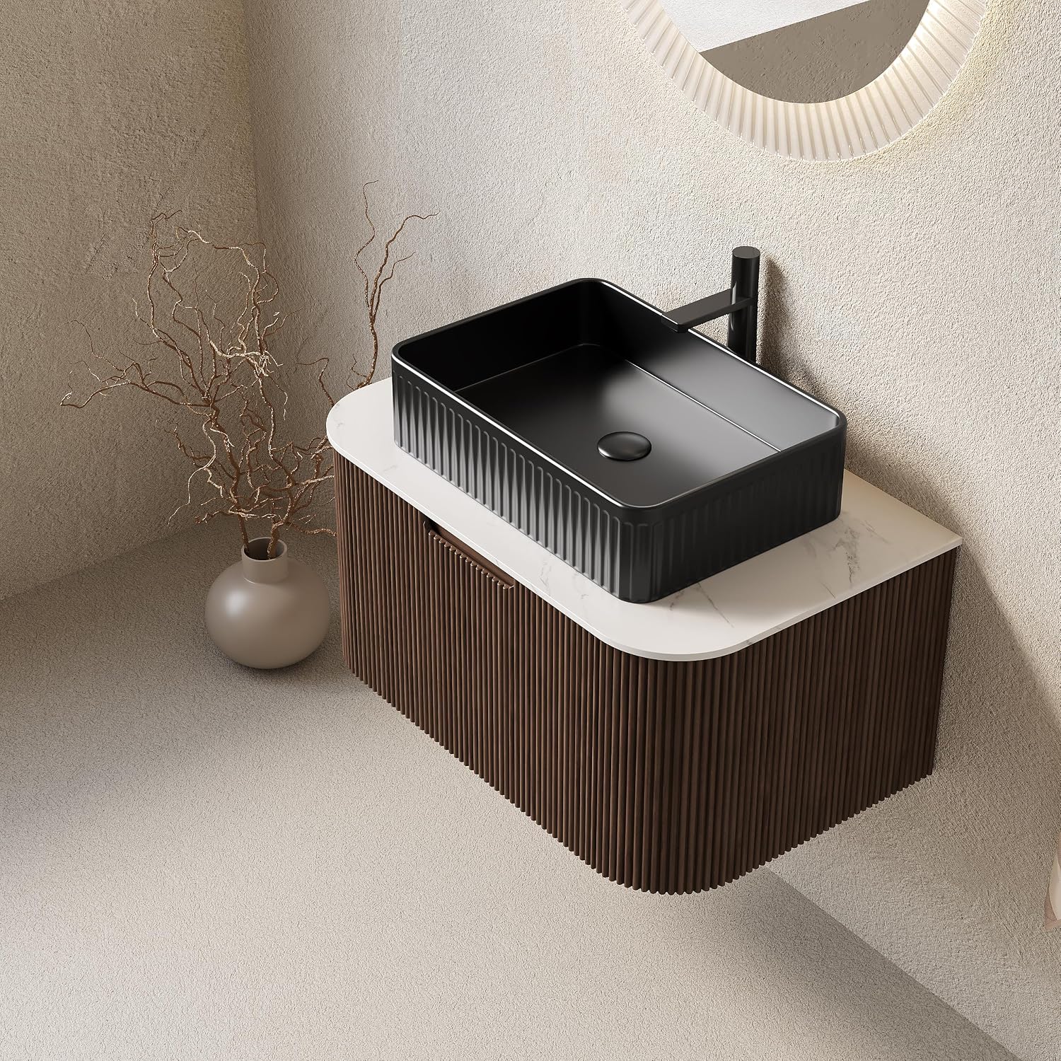 30'' Bathroom Vanities Cabinet with Sink, Wall Mounted Floating Cabinet W/Curved Edges Stripes, Oak Plywood, Soft-Close System with a Drawer, Black Rectangular Ceramic Basin - Kiel, Dark Walnut/B
