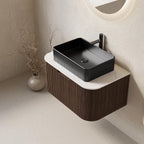 30'' Bathroom Vanities Cabinet with Sink, Wall Mounted Floating Cabinet W/Curved Edges Stripes, Oak Plywood, Soft-Close System with a Drawer, Black Rectangular Ceramic Basin - Kiel, Dark Walnut/B