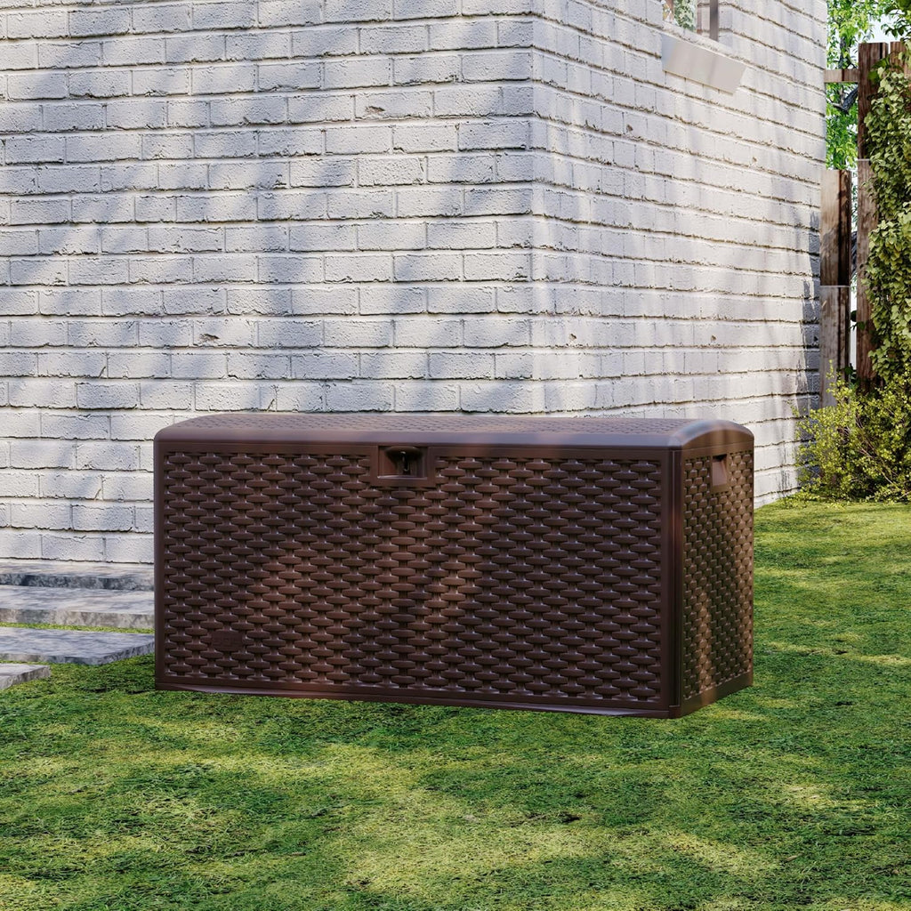 Takywep 99 Gallon Resin Wicker Outdoor Storage Deck Box, Waterproof UV Resistant Patio Storage Bench with Lockable Lid, Easy Assemble Outside Pool Garden Container in Brown Black Whiteer Style