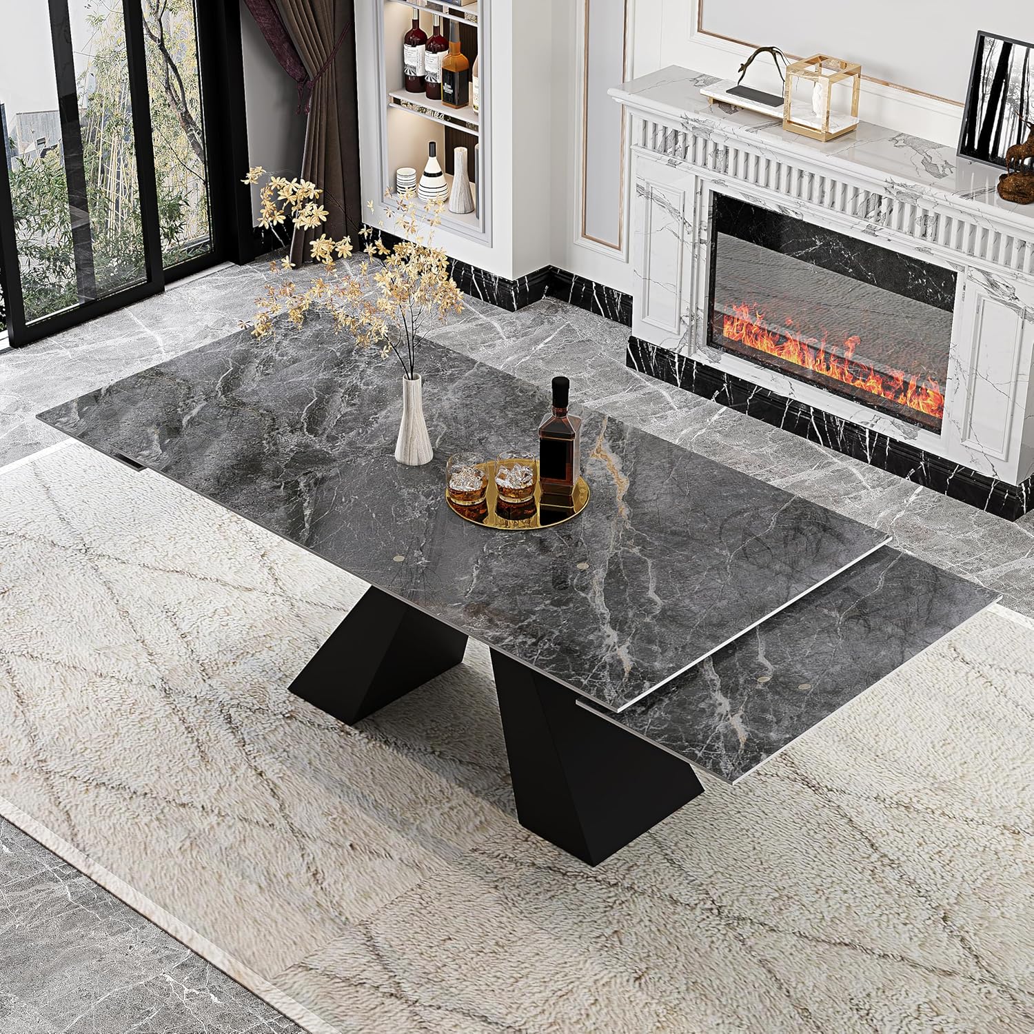 Telescoping Faux Marble Table 63-94.49" Adjustable Length 8-10 People Heavy Duty Carbon Steel Base for Kitchen Dining Room Family Party (62.99''-94.48'' Bonnes)