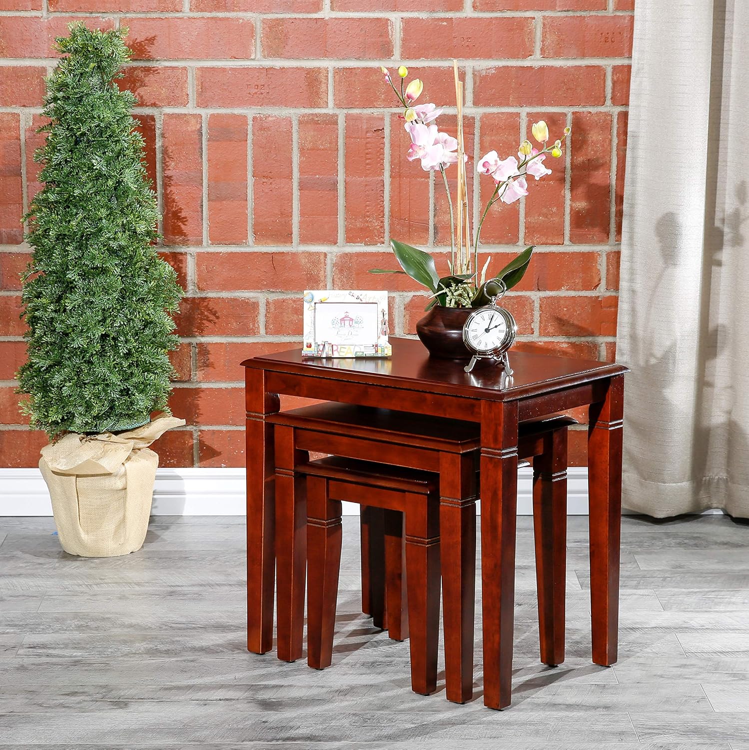 DTY Indoor Living 3-Piece Nesting Tables - Wooden Table Set of 3 for Living Room - Stackable Tables with Sleek Cherry Finish for Stylish and Space-Saving Home Furniture