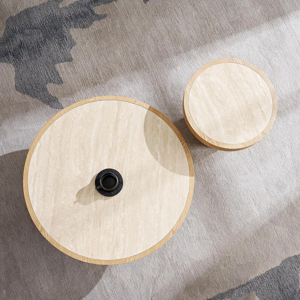 Round End Table Modern Side Table with Sintered Stone Top & Natural Wood Grain, Pedestal Accent Table for Living Room Bedroom Small Spaces, Oak