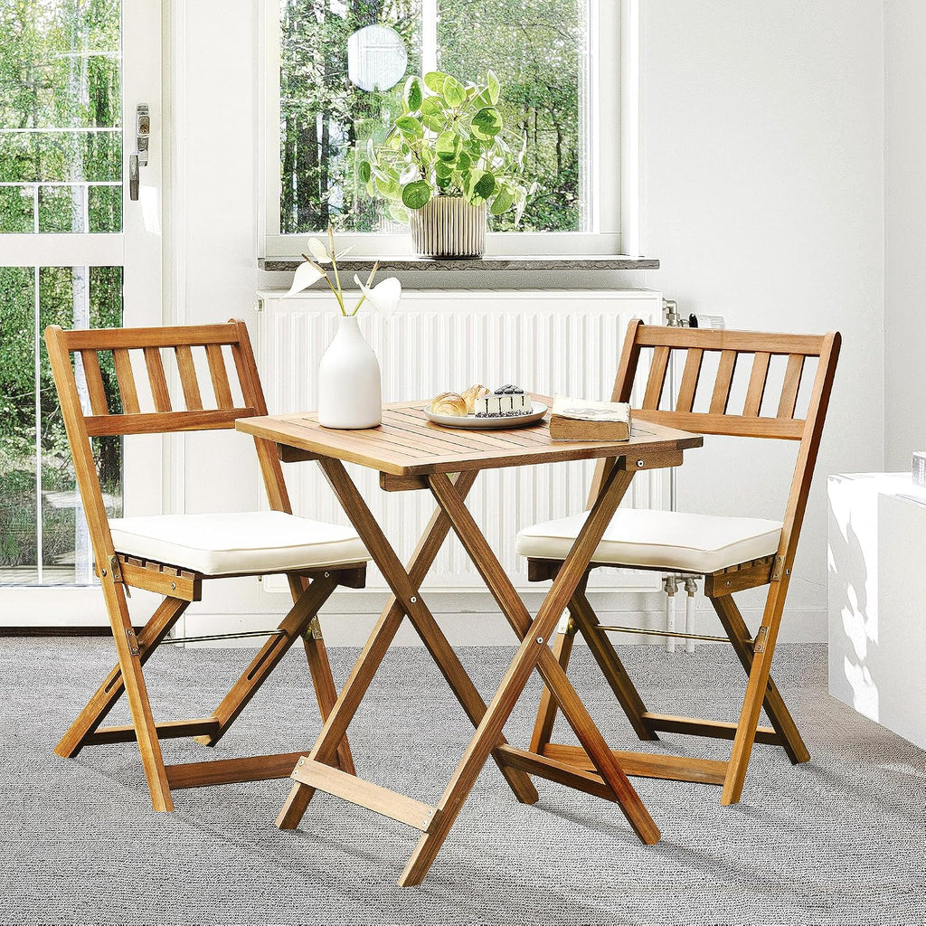 Idzo Heavy Duty 400lbs Capacity Patio Bistro Set 3 Piece Outdoor, Folding Chairs w/Cushion, Square Table, FSC-Certified Acacia Wood, Space-Saving Design for Balcony, Garden and Porch - Upgrade