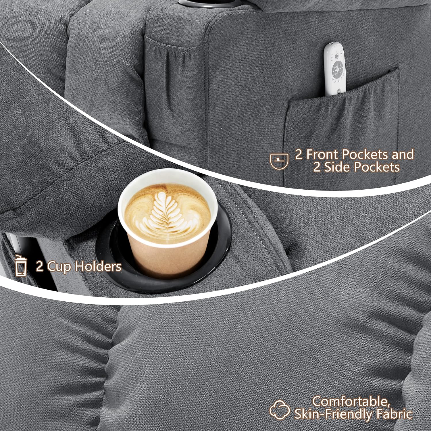Oversized 360° Swivel Massage Rocker Recliner Chair, Massage & Heat, Grey | Vibration Massage, USB Charge Port, 4 Pockets 2 Cup Holders, Comfy Rocking Recliners for Living Room & Bedroom, Reading Chair