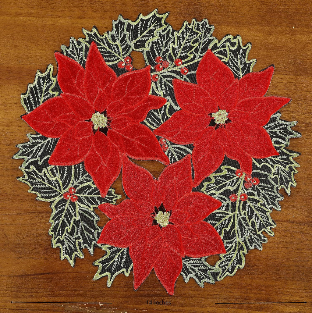 GRANDDECO Christmas Holiday Poinsettia Placemats Set of 4 for Farmhouse Parties Embroidered Christmas Flower Dresser Scarves Xmas Home Kitchen Dinner Table (14" Placemats Set of 4, Christmas Flower)